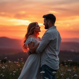 A serene and heartwarming scene depicting a couple embracing under a vibrant sunset, reflecting themes of love and faith