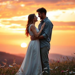 A serene and heartwarming scene depicting a couple embracing under a vibrant sunset, reflecting themes of love and faith