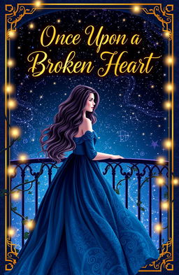 A whimsical, enchanting book cover for "Once Upon a Broken Heart", featuring a beautiful young woman with flowing wavy hair standing on a balcony overlooking a magical, starry night sky filled with shimmering constellations