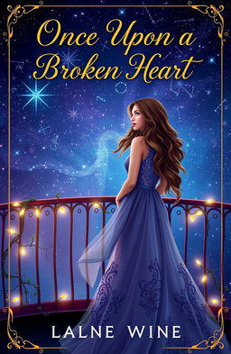 A whimsical, enchanting book cover for "Once Upon a Broken Heart", featuring a beautiful young woman with flowing wavy hair standing on a balcony overlooking a magical, starry night sky filled with shimmering constellations