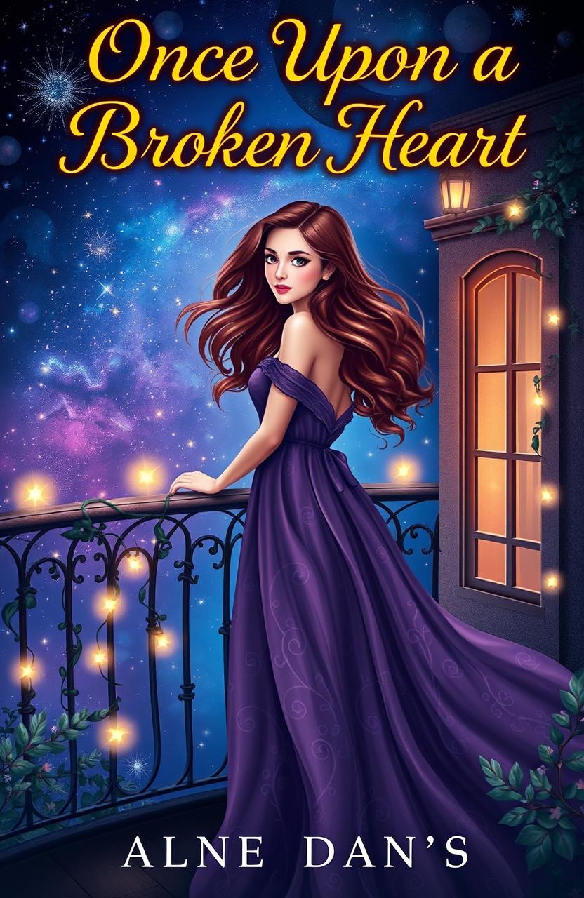 A whimsical, enchanting book cover for "Once Upon a Broken Heart", featuring a beautiful young woman with flowing wavy hair standing on a balcony overlooking a magical, starry night sky filled with shimmering constellations