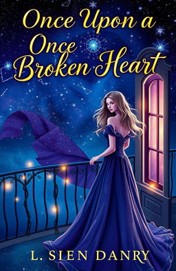 A whimsical, enchanting book cover for "Once Upon a Broken Heart", featuring a beautiful young woman with flowing wavy hair standing on a balcony overlooking a magical, starry night sky filled with shimmering constellations