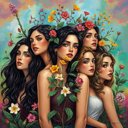 An expressive artwork featuring young women surrounded by various alkaloids, each represented in an artistic and visually appealing manner