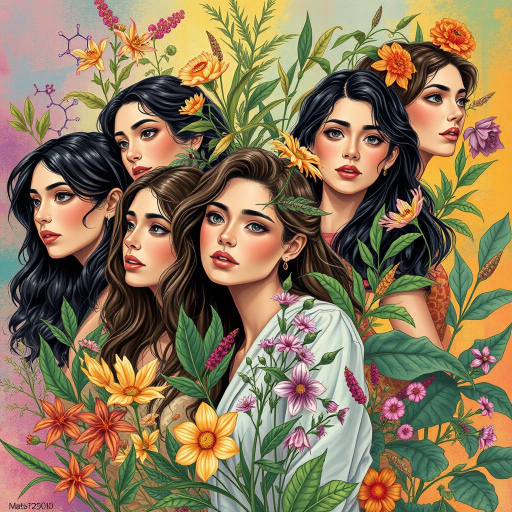 An expressive artwork featuring young women surrounded by various alkaloids, each represented in an artistic and visually appealing manner