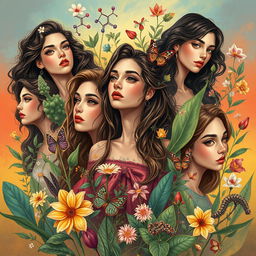 An expressive artwork featuring young women surrounded by various alkaloids, each represented in an artistic and visually appealing manner