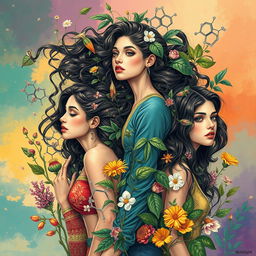 An expressive artwork featuring young women surrounded by various alkaloids, each represented in an artistic and visually appealing manner
