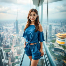 A beautiful young Korean woman wearing a blue outfit with shorts, standing on a glass floor of a stunning building with breathtaking views below