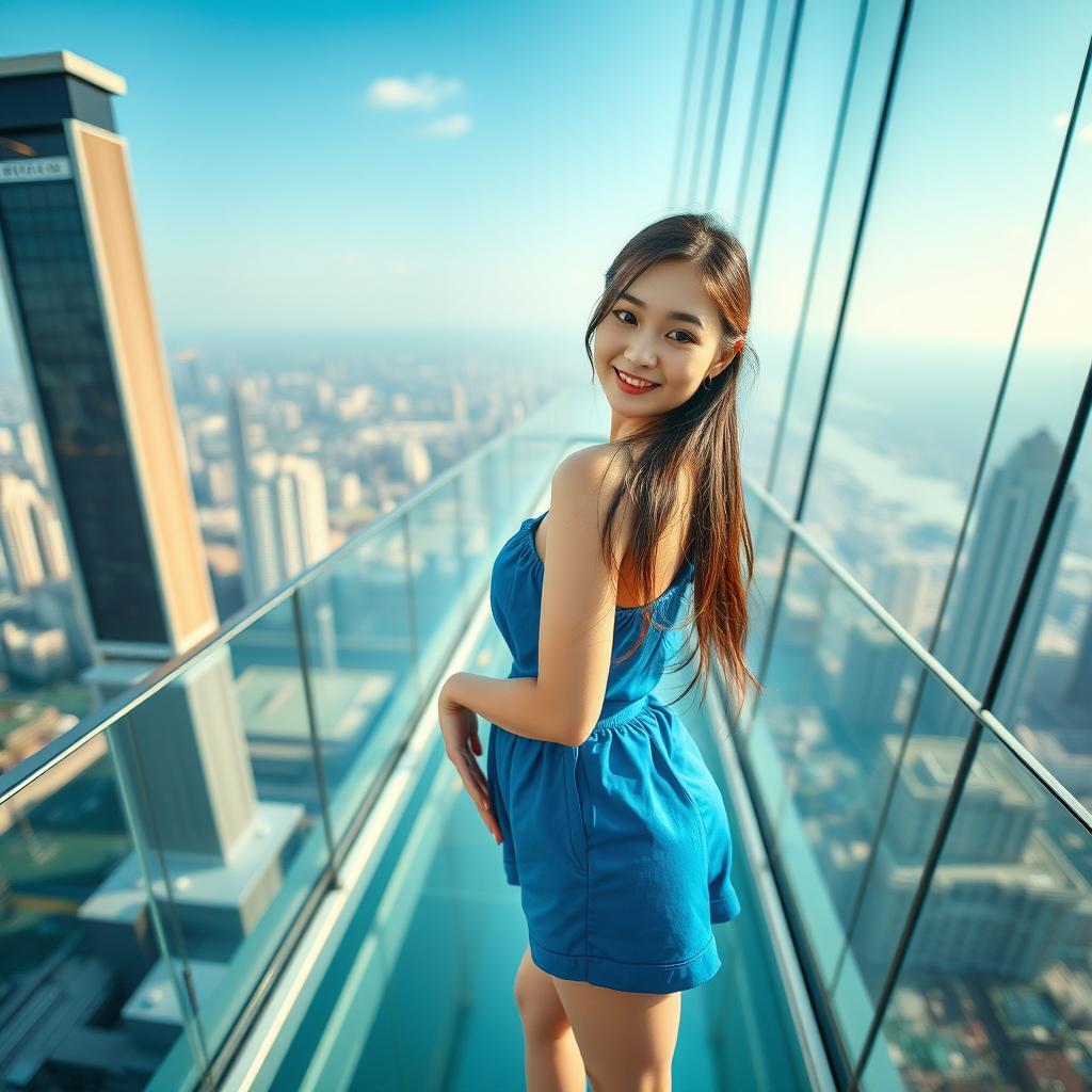 A beautiful young Korean woman wearing a blue outfit with shorts, standing on a glass floor of a stunning building with breathtaking views below