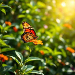 A realistic butterfly perched delicately on a vibrant flower in the midst of a lush, green natural setting, highlighting the beauty and diversity of nature