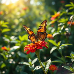 A realistic butterfly perched delicately on a vibrant flower in the midst of a lush, green natural setting, highlighting the beauty and diversity of nature