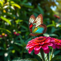 A realistic butterfly perched delicately on a vibrant flower in the midst of a lush, green natural setting, highlighting the beauty and diversity of nature
