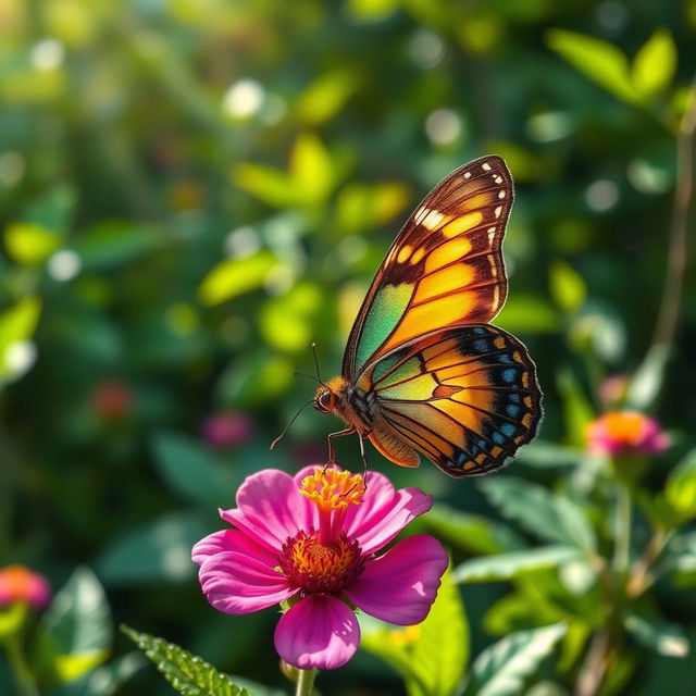 A realistic butterfly perched delicately on a vibrant flower in the midst of a lush, green natural setting, highlighting the beauty and diversity of nature