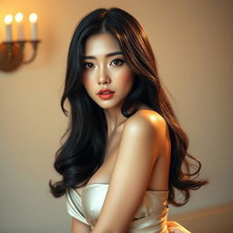 A beautiful South Korean woman with large breasts, alluringly seductive, showcasing her stunning features