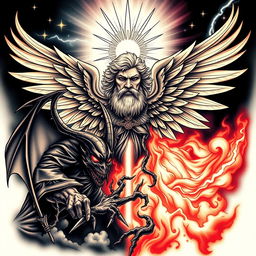 A detailed tattoo design depicting the eternal struggle between God and evil