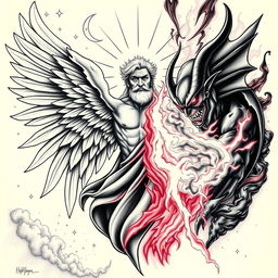 A detailed tattoo design depicting the eternal struggle between God and evil