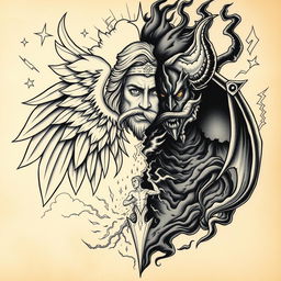 A detailed tattoo design depicting the eternal struggle between God and evil