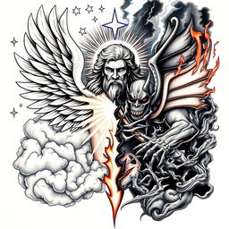 A detailed tattoo design depicting the eternal struggle between God and evil