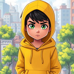 A cartoon-style digital illustration of a young boy wearing a bright yellow hoodie with a drawstring hood and two front pockets