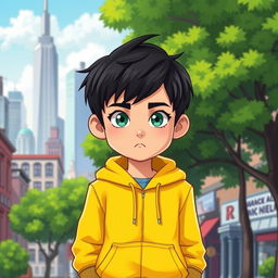A cartoon-style digital illustration of a young boy wearing a bright yellow hoodie with a drawstring hood and two front pockets