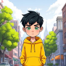 A cartoon-style digital illustration of a young boy wearing a bright yellow hoodie with a drawstring hood and two front pockets