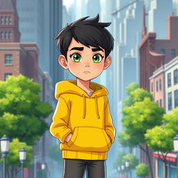 A cartoon-style digital illustration of a young boy wearing a bright yellow hoodie with a drawstring hood and two front pockets