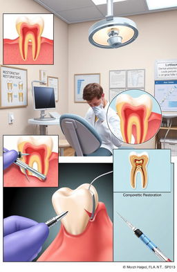 A detailed illustration depicting the treatment of dental traumatic injuries, showcasing restoration and endodontic approaches