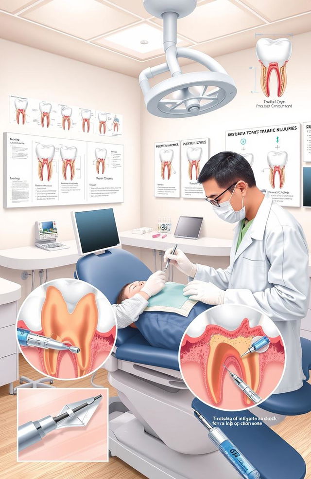 A detailed illustration depicting the treatment of dental traumatic injuries, showcasing restoration and endodontic approaches