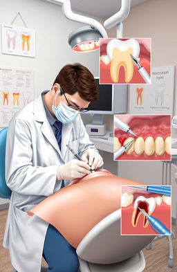 A detailed illustration depicting the treatment of dental traumatic injuries, showcasing restoration and endodontic approaches
