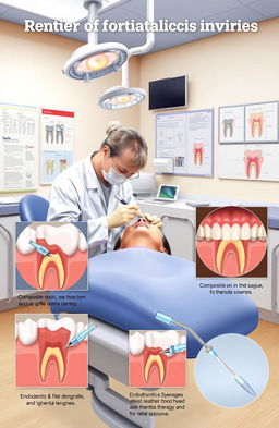A detailed illustration depicting the treatment of dental traumatic injuries, showcasing restoration and endodontic approaches