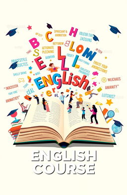 A modern English course cover design featuring an open book with flying letters and words emerging from the pages, colorful illustrations of students engaging in learning through discussions, animations, and e-learning devices, a dynamic background with a blend of inspirational quotes in various fonts, academic symbols like graduation caps and globes decorated around