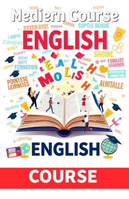 A modern English course cover design featuring an open book with flying letters and words emerging from the pages, colorful illustrations of students engaging in learning through discussions, animations, and e-learning devices, a dynamic background with a blend of inspirational quotes in various fonts, academic symbols like graduation caps and globes decorated around