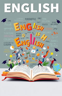 A modern English course cover design featuring an open book with flying letters and words emerging from the pages, colorful illustrations of students engaging in learning through discussions, animations, and e-learning devices, a dynamic background with a blend of inspirational quotes in various fonts, academic symbols like graduation caps and globes decorated around