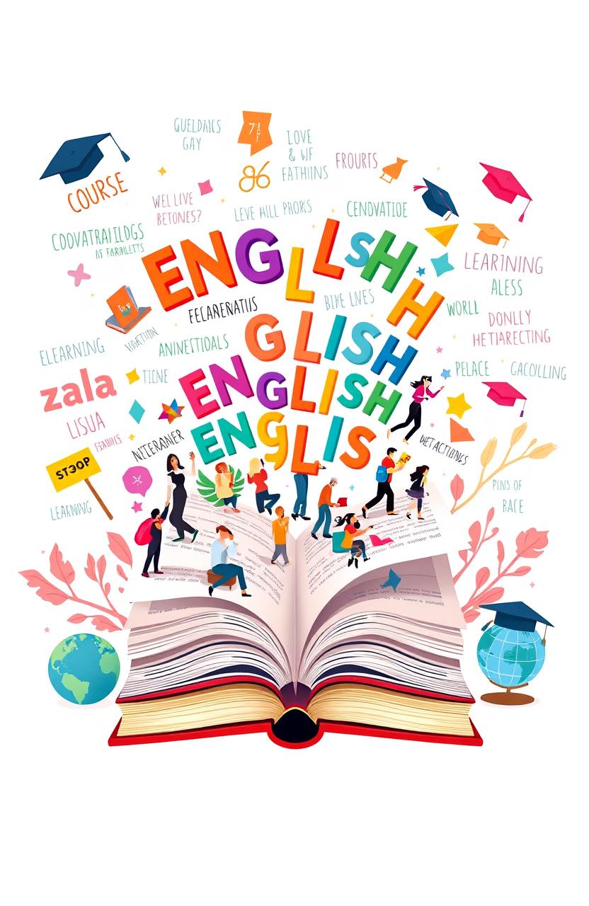 A modern English course cover design featuring an open book with flying letters and words emerging from the pages, colorful illustrations of students engaging in learning through discussions, animations, and e-learning devices, a dynamic background with a blend of inspirational quotes in various fonts, academic symbols like graduation caps and globes decorated around