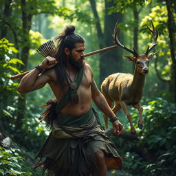 A mystical scene in a lush forest where a rugged, strong man is chasing a magical deer