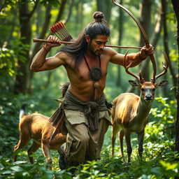 A mystical scene in a lush forest where a rugged, strong man is chasing a magical deer