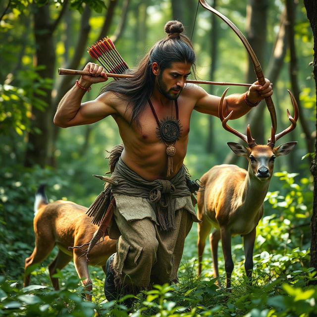 A mystical scene in a lush forest where a rugged, strong man is chasing a magical deer