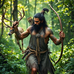 A mystical scene in a lush forest where a rugged, strong man is chasing a magical deer