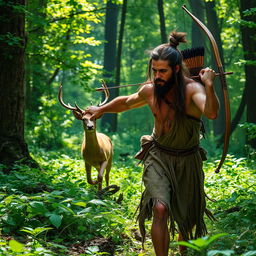 A mystical scene in a lush forest where a rugged, strong man is chasing a magical deer