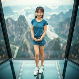 A beautiful young Korean girl standing on a glass floor at a cool tourist attraction, wearing a blue outfit, shorts, and sneakers