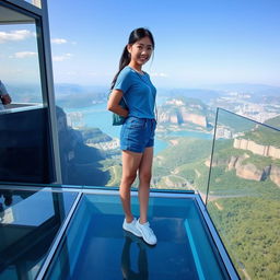 A beautiful young Korean girl standing on a glass floor at a cool tourist attraction, wearing a blue outfit, shorts, and sneakers