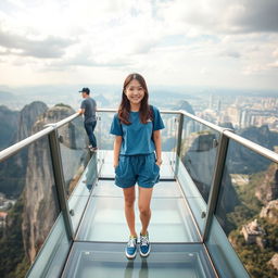 A beautiful young Korean girl standing on a glass floor at a cool tourist attraction, wearing a blue outfit, shorts, and sneakers