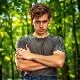 A young man aged between 20 to 22 years old, looking stressed and tense, surrounded by lush green trees