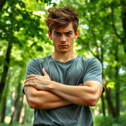 A young man aged between 20 to 22 years old, looking stressed and tense, surrounded by lush green trees