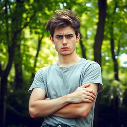 A young man aged between 20 to 22 years old, looking stressed and tense, surrounded by lush green trees