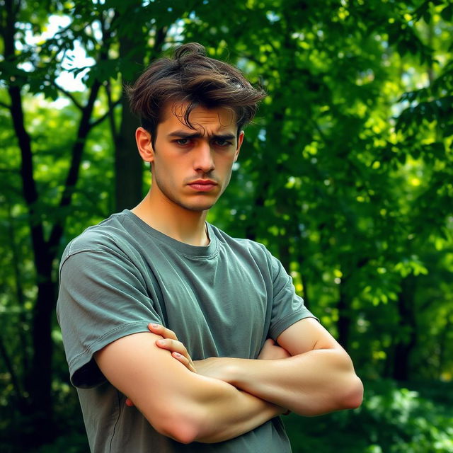 A young man aged between 20 to 22 years old, looking stressed and tense, surrounded by lush green trees