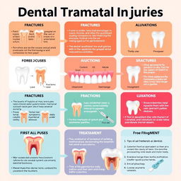 A well-organized infographic showcasing various dental traumatic injuries, including fractures, avulsions, and luxations