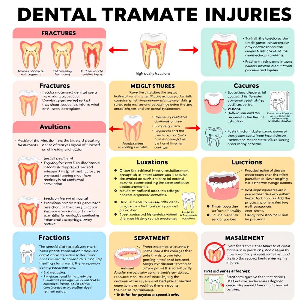 A well-organized infographic showcasing various dental traumatic injuries, including fractures, avulsions, and luxations
