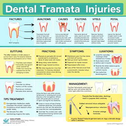A well-organized infographic showcasing various dental traumatic injuries, including fractures, avulsions, and luxations