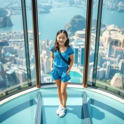 A very beautiful young Korean girl wearing a blue outfit, shorts, and sneakers, standing on a glass floor at an impressive tourist attraction