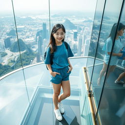 A very beautiful young Korean girl wearing a blue outfit, shorts, and sneakers, standing on a glass floor at an impressive tourist attraction